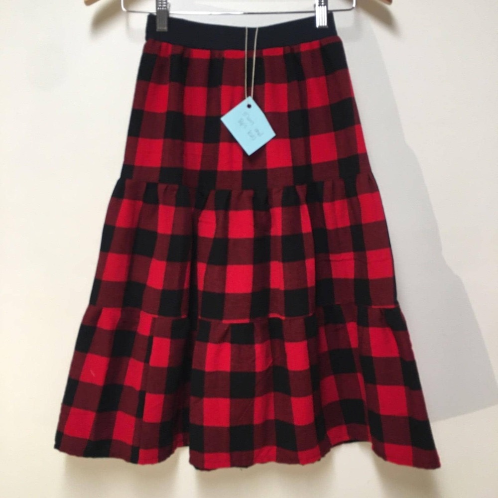 Skirt Flannel Girls M 8 Maxi Red Buffalo Plaid Ruffle Tier Mom and Pop's Kids - Picture 2 of 10